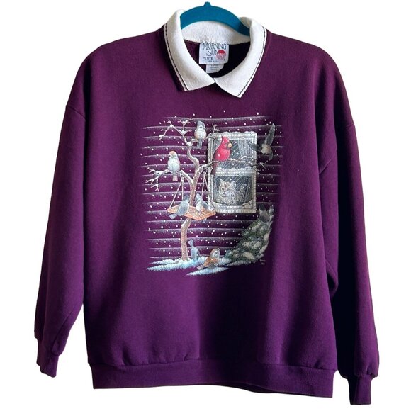 Vintage Morning Sun Sweatshirt Collared Purple Kitten Birds Grandmacore Petite L - Picture 1 of 14